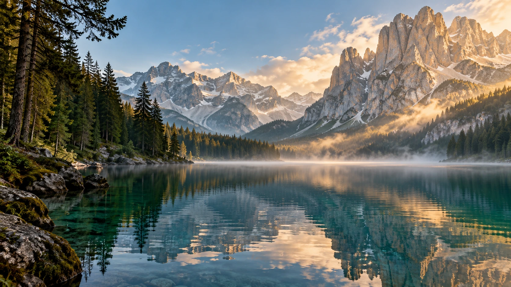 First light across a still alpine lake, with pale mountains rising above the forest