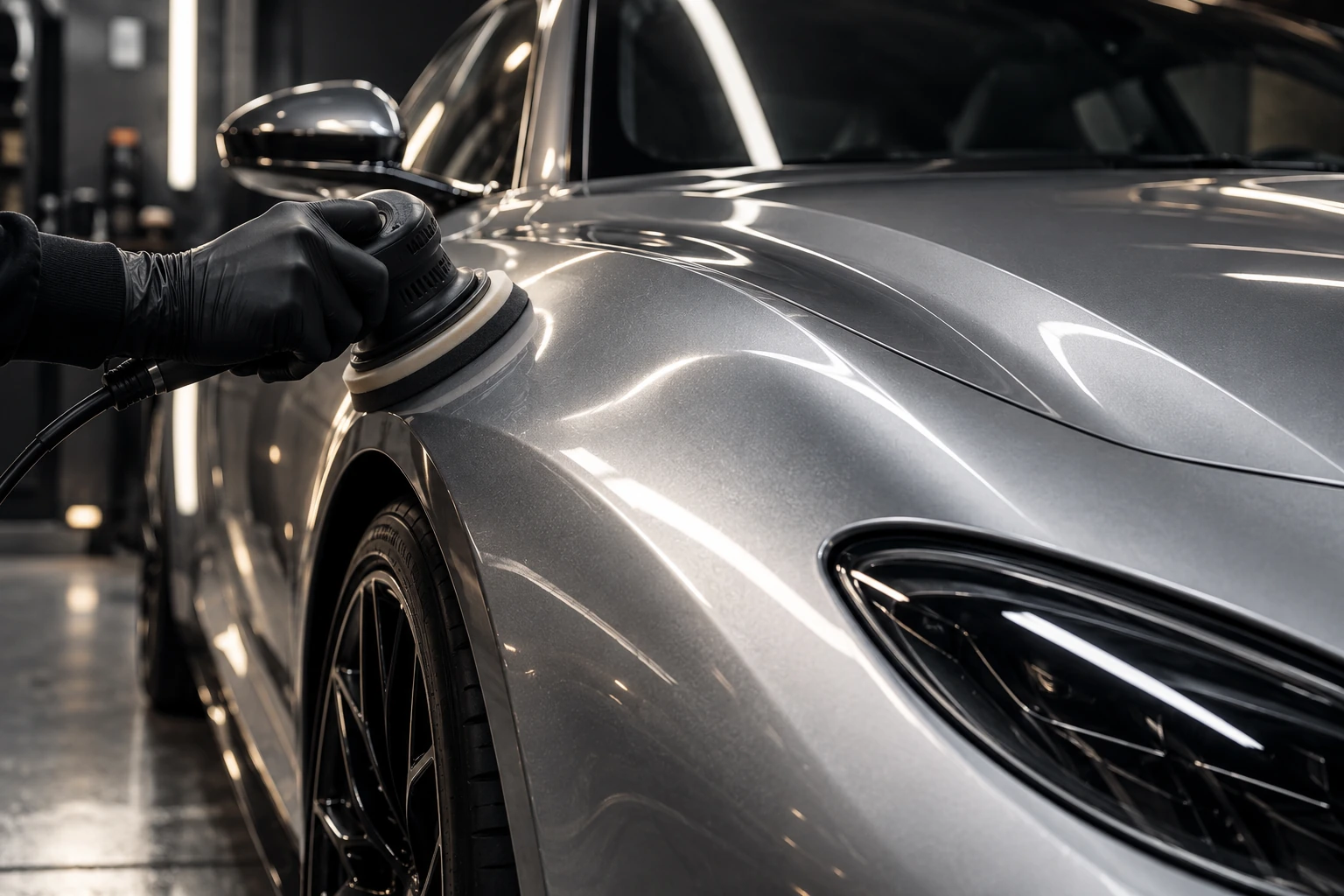 Illustrative close view of a silver automotive paint finish