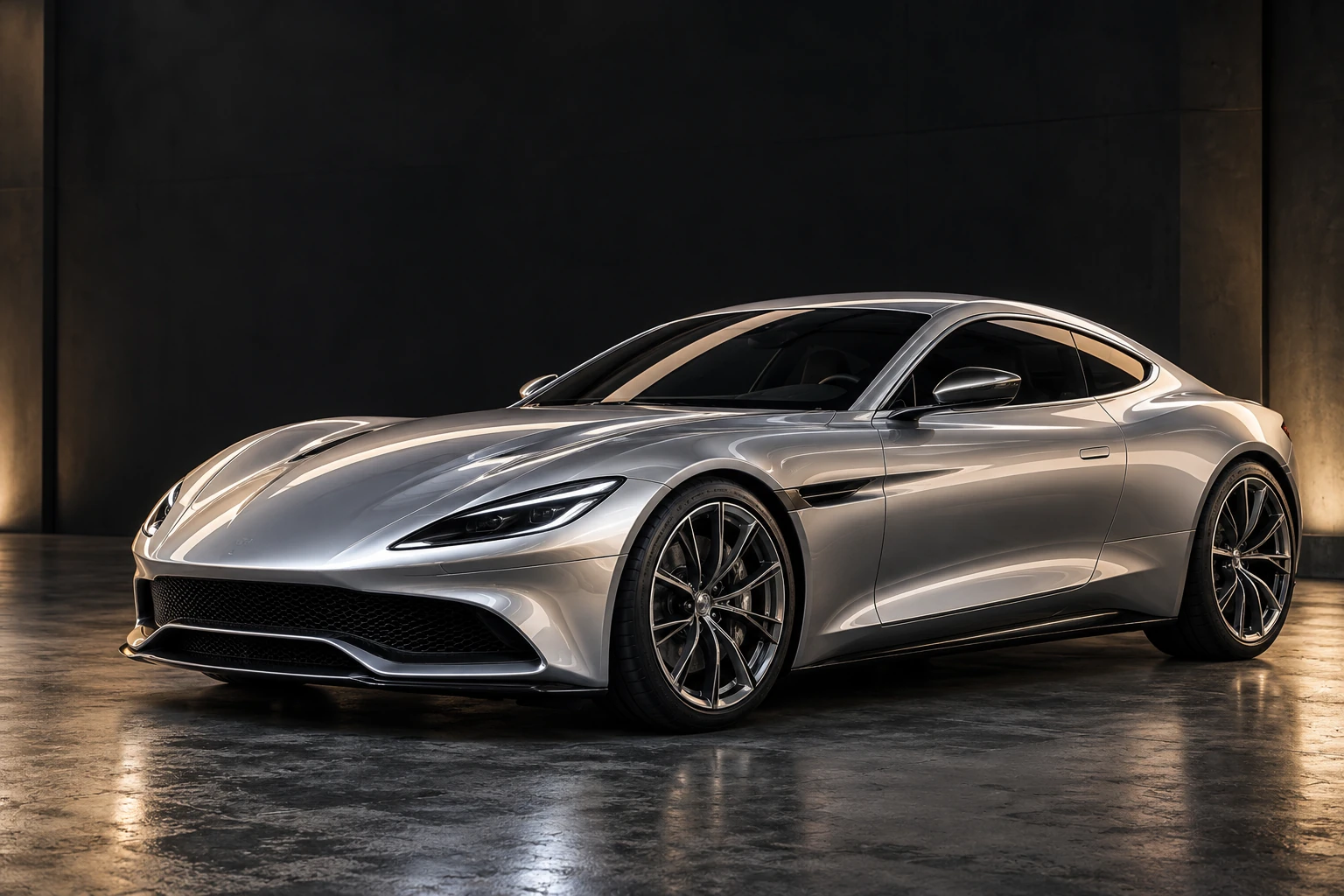 Illustrative silver grand tourer in a precisely lit dark automotive studio